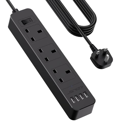 JSVER Extension Lead with USB Slots 5M Power Strip 3250W 13A with 3Way and 4 USB Smart Charging Ports Desk Power Socket with Switch for Home Travel-Black
