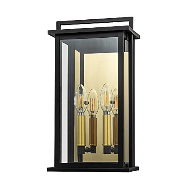Outdoor Wall Lights with Clear Glass, Black Exterior Porch Lights Wall Mount, Outdoor Wall Sconce with Gold Candelabra Interior, Wall Lantern, Patio Light Fixture for House, Entryway, Garage