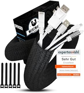 Wertmann pleciony wąż kablowy czarny [3m] jako kanał do kabli tv czarny lub organizer kabli od komputera - Średnica się dopasowuje [12-20mm] - Zarządzanie kablami przy biurku, ochrona kabli przed psem