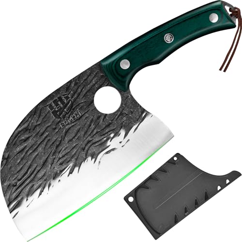 FULLHI Cuchillo de Carnicero con Funda, Cuchillo de Chef Serbio, Cuchillo de Cocina Forjado de Acero al Carbono, Cuchillo de Carne, Cuchillo de Cocina para el hogar (Verde, Cuchillo Serbio)
