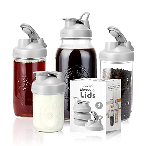 AIEVE Mason Jar Lids, 4 Pack Wide Mouth Mason Jar Lids Canning Lids Flip Cap Lids with Leak-Proof Seal for Wide Mouth Mason Jars Ball Jars Canning Jars to Pouring Lemonade Coffee Tea Jam Oatmeal, Gray