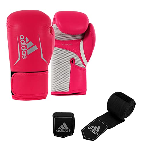 Gants de boxe adidas Speed 100 14oz kickboxing rose argent avec bande 3.5m