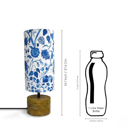 Image of ExclusiveLane 'Indigo Bloom' Mango Wooden Decorative Table Lamp for Bedroom (37.4 Cm, Without Bulb, Pack of 1, Handcrafted) |Table Lamp for Living Room Decoration Lamps Bedside Lamp for Bedroom