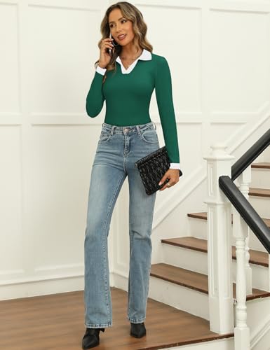 Image of Rapbin Women's V Neck Long Sleeve Ribbed Knit Pullover Sweater Slim Fitted Casual Basic Tee Tops