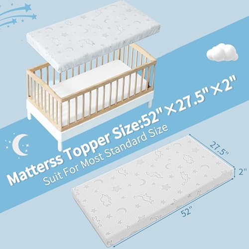 Image of Crib Mattress Topper 2 inch x 27.5 inch x 52 inch, High Density Foam Breathable Baby and Toddler Mattress Topper with Waterproof Removable and Washable Cover, Fits Standard Cribs and Toddler Beds
