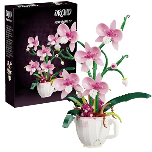 QuirkQuest Orchidee Kaffeetasse Bausteine Bausatz, 567Stück Künstliche Blüte Block Modelle, Botanische Sammlung Blume Spielzeug Kit, Jahrestag Geschenke Frauen Mädchen Erwachsene Dekorationen