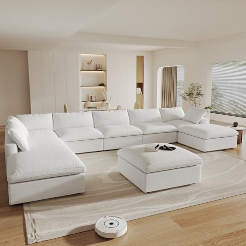 Image of Cloud Couch Modular Sectional Sofa,196inch U-Shaped Sectional Sofa with Storage Ottomans,Oversized Down Filled Convertible 9 Seater Linen Living Room Sets, Covers Washable&Replaceable,White