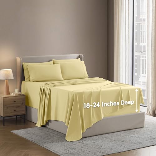 Image of Nestl Extra Deep Twin Sheet Set - 4 Piece Breathable & Cooling Sheets - Hotel Luxury Bedding Set w /18-24 Inch Deep Pockets - Easy & Secure Fit - Super Soft, Wrinkle Free & Comfy - Custard Yellow