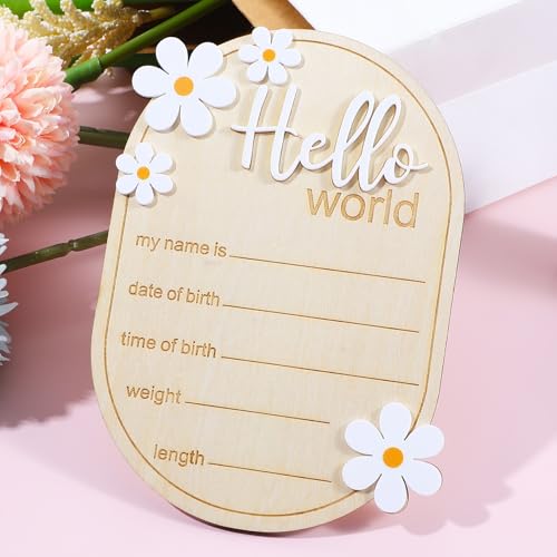 Image of Baby Announcement Sign, Wooden Hello World Sign Welcome Baby Newborn SignsWelcome Birth Name Board Plaques for Boys Girls Photo Props Hospital Nursery