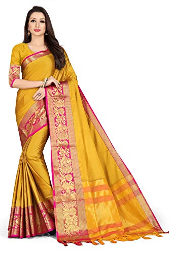 TreegoArt Fashion Indischer Saree aus Baumwollseide für Damen mit ungesticktem Blusenteil -(PEACOCK-YELLOW-PINK) Cover