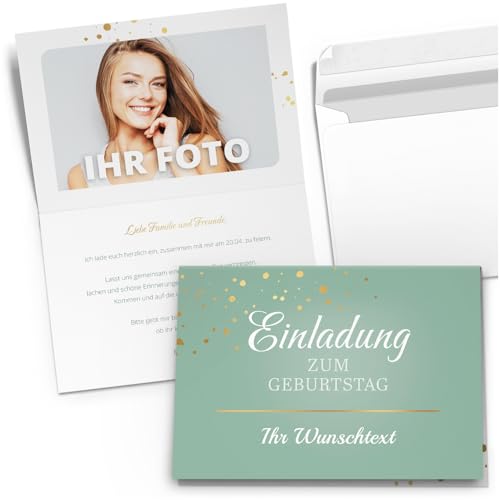 10 PERSONALISIERTE Einladungskarten zum Geburtstag – Klappkarten Set mit Umschlag – Individuelle Einladung Wunschtext und Foto Geburtstags-Feier edel modern blau türkis Konfetti Gold Look 10 PERSONALISIERTE Einladungskarten zum Geburtstag – Klappkarten Set mit Umschlag – Individuelle Einladung Wunschtext und Foto Geburtstags-Feier edel modern blau türkis Konfetti Gold Look
