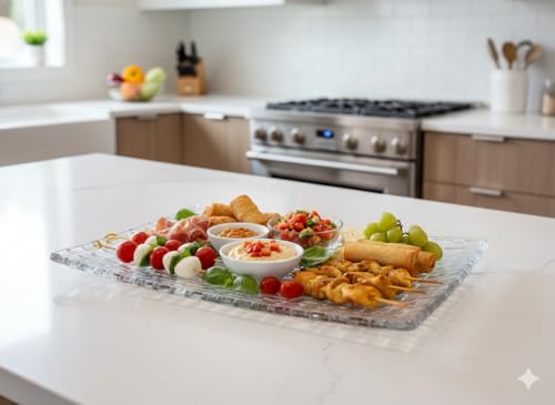 Image of Luxury Rectangular Clear Glass Dessert Platter 11 Inch Set of 1, Modern Textured Grid Serving Dish for Appetizers, Sushi, & Pastries, Elegant Presentation Tray