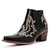 Rivalran Black Ankle Cowboy Boots for Women - Cowgirl Booties, Western Short Boots Chunky Heels Pointed Toe US7 B