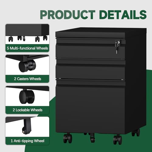 Image of Filing Cabinets for Home Office, Printer Table with Caster, Lockable Office Cabinet with 3 Drawer, Small File Cabinet for Letters /A4, No Assembly Required, Black