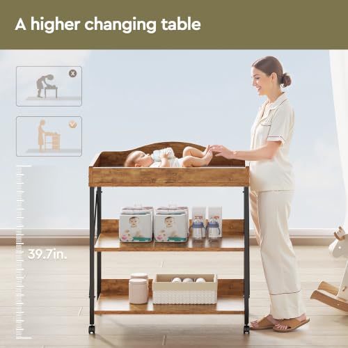 Image of Baby Changing Table, Diaper Station with Pad, 2-Tier Shelves, Rustic Brown