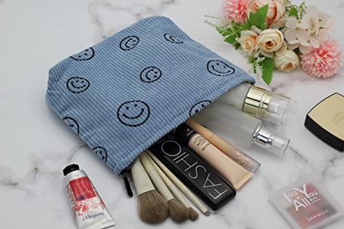 Pazimiik Makeup Bag Large Zipper Make Up Pouch For Purse Travel Canvas Cosmetic Organizer For Women Brush Storage,Corduroy Smile Blue #TOP4