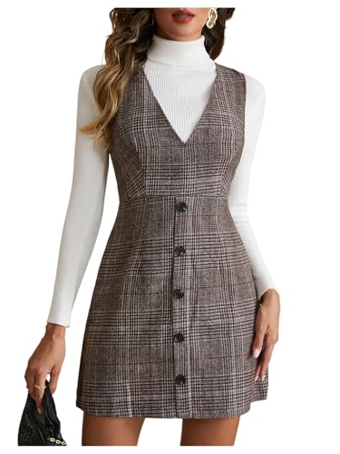 Women's Elegant Plaid Pinafore Dress V Neck Sleeveless Button Front Work Office Mini Dresses - Main Image