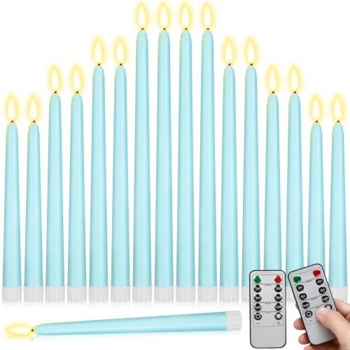 Image of Rossesay 16 Pcs Teal Flameless Taper Candles Battery Operated Candles with Remote Timer 8.5 inch 9.6 inch 10.8 inch 12.8 inch LED Flameless Flickering Candlestick for Summer Halloween Christmas Wedding Party Decor