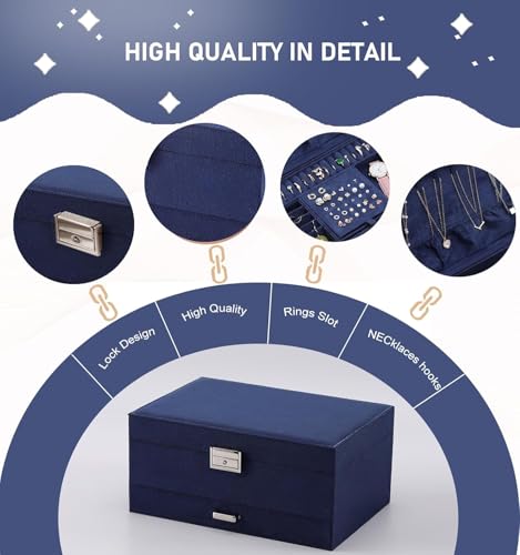Image of KRISHYAM 3-Layer Velvet Jewelry Storage Box with Lock - Multi-Compartment Organizer Case for Rings, Earrings, Bracelets, Necklaces & Watches (Blue)
