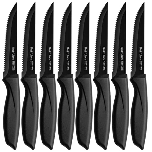 Ruffulon Coltelli da Cucina, Set di 8 Pezzi di Coltelli da Bistecca,Coltello da Tavola Ultra Affilato,Posate in Acciaio Inox,Coltello Bistecca Seghettato Nero,Coltelli da Cucina Professionali