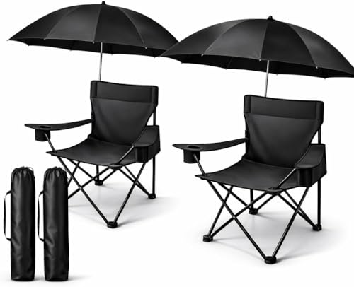 2 Pack Sillas de Camping Portátiles Plegables con Sombrilla Ajustable, Sillas Ligeras para Playa, Pesca, Eventos Deportivos y Césped (Negro)
