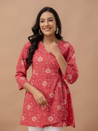 Image of feranoid Floral Print Angrakha 3 Sleeves Flared Kurti