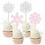Gyufise 24個 雪の結晶 カップケーキトッパー 冷凍カップケーキピック 冬 アナと雪の女王 クリスマス ベビーシャワー ウェディングデコレーション用品 冬の不思議の国のテーマ カップケーキトッパー ライトピンク シルバー