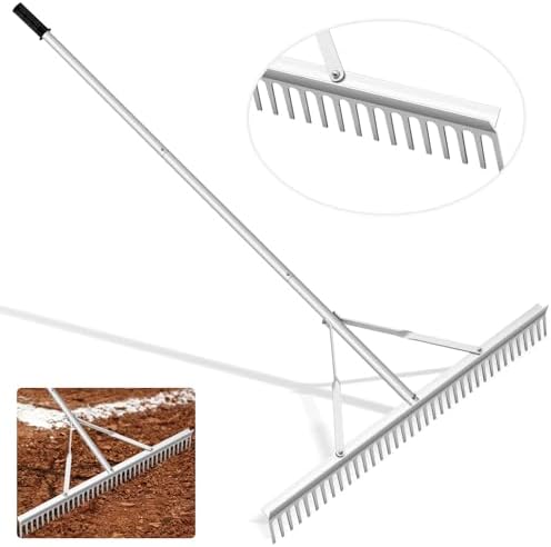 36 Inch Head Garden Rake Aluminum Landscape Rake with 66”-98” Adjustable Long Handle Metal Heavy Duty Yard Rake for Landscaping Lawns Care Gardening Loosening Soil Weeding Lake Pond, Silver