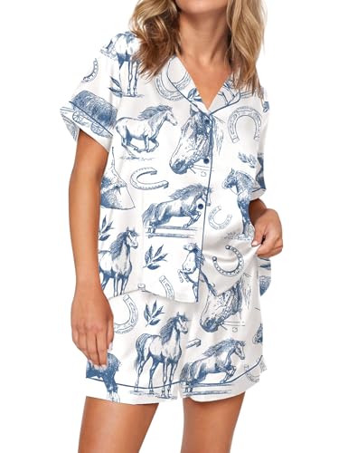 SHESHOW Satin Pajamas for Women Set Preppy Animals Pjs Short Sleeve Shorts 2 Piece Loungewear Sets XS-XXL2