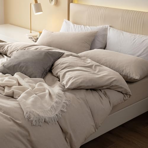 JIYUAN 100% Washed Cotton Duvet Cover Set 3 Pieces Queen, 1 Duvet Cover 90x90 Inches(Comforter Not Included) and 2 Pillowcases,Linen Feel Bedding Set Comfy and Breathable, Heathered Tannish Linen Grey