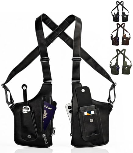 Double Shoulder Armpit Chest Bag for Men Adjustable Shoulder Underarm Holster Bag Hidden Phone Wallet Pocket Tactical Chest Armpit Anti-Theft Cross-Body Concealed Carry Premium PU Leather (Black)