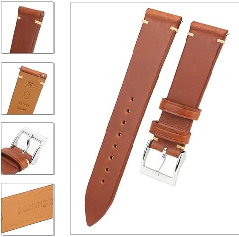 Gomvadr Handmade Slim Vintage Top Grain Leather Watch Strap, Quick Release, 18 mm/19 mm/20 mm/21 mm/22 mm, Silver/Black Buckle, Tan/Brown/Blue/Black/Coffee, Unisex for Men Women (Brown with Silver Buckle, 18mm) - 5