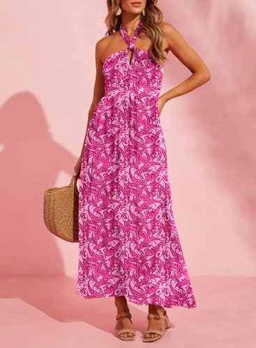 Image of Dokotoo Women's Summer Dresses Halter Neck Sleeveless Backless Flowy A Line Boho Maxi Dress