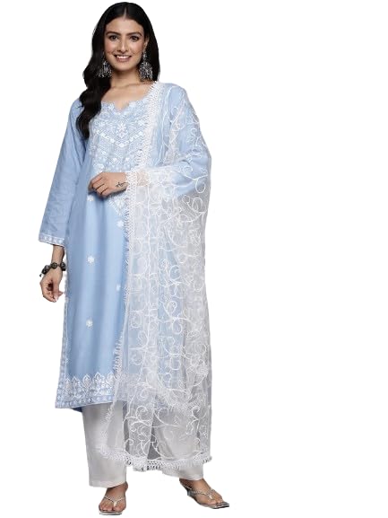 Varanga Women Blue Floral Thread Embroiderd Straight Kurta Paired With White Bottom And White Embroiderd Dupatta