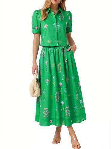 Tankaneo Womens Floral 2 Piece Skirt Set Summer Puff Sleeve Crop Blouse and Maxi Dress Outfits Matching Vacation Outfits Green