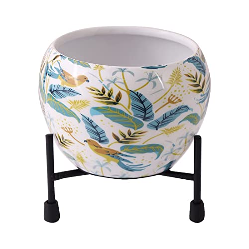 Image of Hand Painted Metal Planter with Wooden Stand (Black)