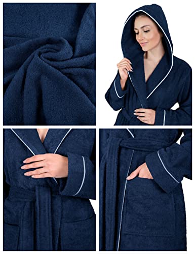 LAYNENBURG Bademantel Damen Frottee - Kapuze - Lang - 100% Baumwolle (360g/m2) - OEKO TEX Standard 100 - Größe (S, Blau)