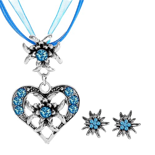 JENCVNL 3 Stück Trachtenschmuck Damen, Oktoberfest Bayerisch Dirndlschmuck Trachtenkette mit Strass Edelweiß Herz Anhänger Ohrstecker für Damen...
