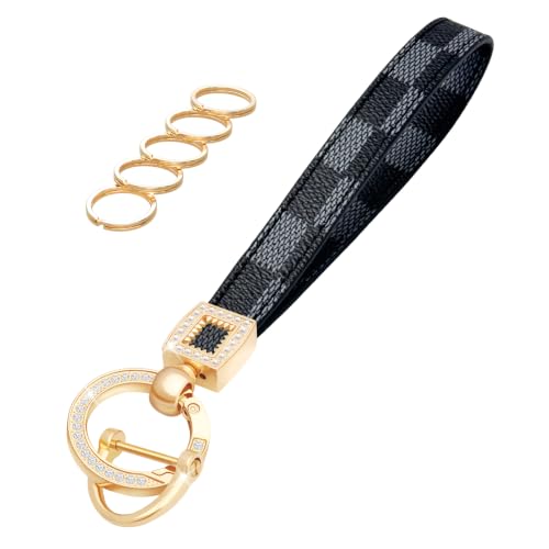 Image of OHKYOOT Leather Wristlet Keychain for Home Car Keys | Key Fob Keychain, Wrist Keychain, Car Key Chain with 5 Key Ring and D Ring for Women Men, Car Key Holder