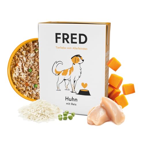 FRED Nassfutter Hund Huhn mit Reis – Monoprotein – 50 % Huhn in Lebensmittelqualität – Getreidefrei – mit Gemüse & Ölen – Alleinfuttermittel für ausgewachsene Hunde – 190 g Tetra Pak