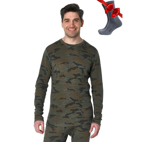 Merino.tech Merino Wool Base Layer - Mens 100% Merino Wool Long Sleeve Thermal Shirts Heavyweight, Midweight, Lite with Socks (Large, 250 Camo)