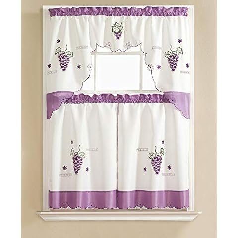 Gentle Home 3pc Kitchen Curtain and Valance Set/1 Swag Valance and 2 Tiers,2 Tiers Width 30"x 36" Each and The Valance Length 60"x36" (Purple Grape) Cover