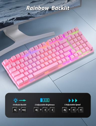 Image of Wireless Mechanical Gaming Keyboard and Mouse Combo, 98 Keys RGB Backlit Rechargeable 2000mAh Battery, 3-Mode BT5.0 /2.4G /USB-C (Pink)