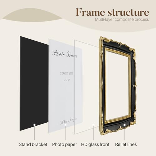 4x6 Picture Frame Black and Gold Vintage Frame, Ornate Textured Hand-Crafted Resin Photo Frame with Glass Front, 4x6 Black Antique Decorative Frames for Wall & Tabletop Home Decor