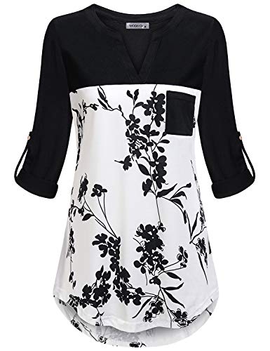 MOQIVGI Boutique Tops for Women,Long Sleeve V Neck Cute Floral Shirts Ladies Hi Low Hem Casual Tunics Fashion Nice Blouses Womens Clothing Black White Medium