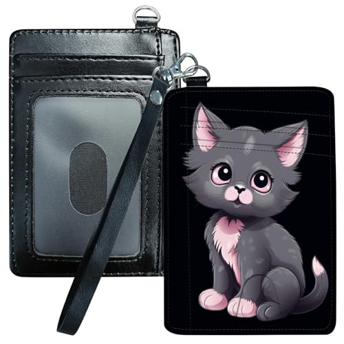 Credit Card Holder for Women, RFID Wallet Women with Wrist Rope Set, PU Leather Small Womens Wallet Slim Card Organizer Gifts Girls for Travel Home Shopping Business, Gray Cats