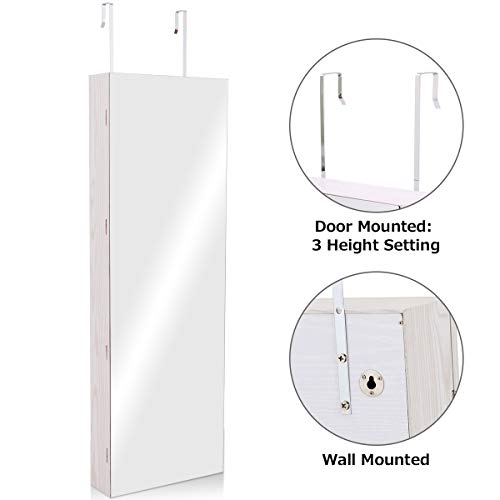 Giantex Jewelry Armoire Wall Door Mounted, Lockable Jewelry Cabinet With Full Screen Display View Larger Wider Mirror 16'', Large Storage Jewelry Organizer Box With Full Length Mirror (White) #TOP6