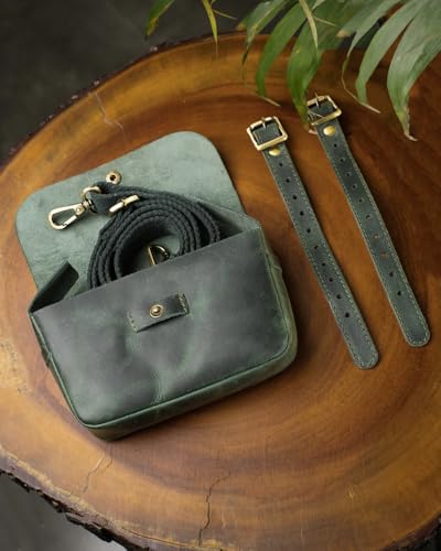 Image of Trip Machine Company Genuine Leather Motorcycle Front Handlebar Leather Bag | Moto Backrail Sidekick Pouch | Shoulder Bag | Fanny Pack (Forest Green)