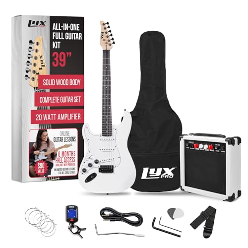 Image of LyxPro Left Hand 39 Inch Electric Guitar and Starter Kit for Lefty Full Size Beginner's Guitar, Amp, Six Strings, Two Picks, Shoulder Strap, Digital Clip On Tuner, Guitar Cable and Soft Case - White
