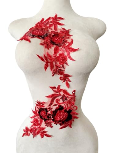 wtbv.n Sewing Beads lace Applique one Pair sew on Pearl Trimming Patch Decorative Accessories for Clothes 2pieces/Bag 11.8X7.08inches (Red)